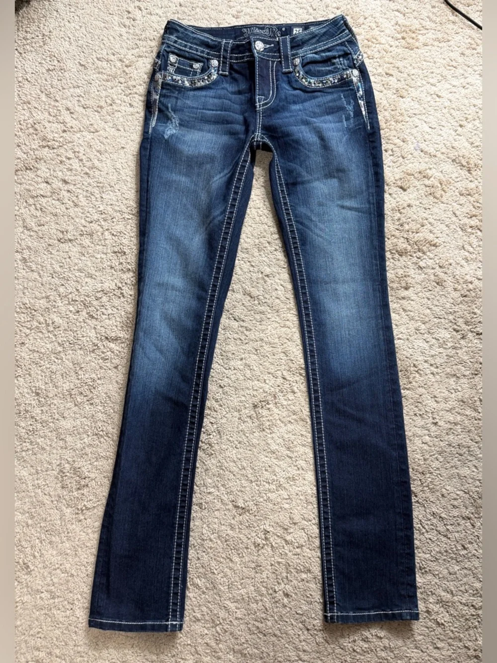Womens Miss Me Jeans Size 25 Mid Rise Straight Rhinestone Y2K Sequins Blue Denim - Picture 9 of 9